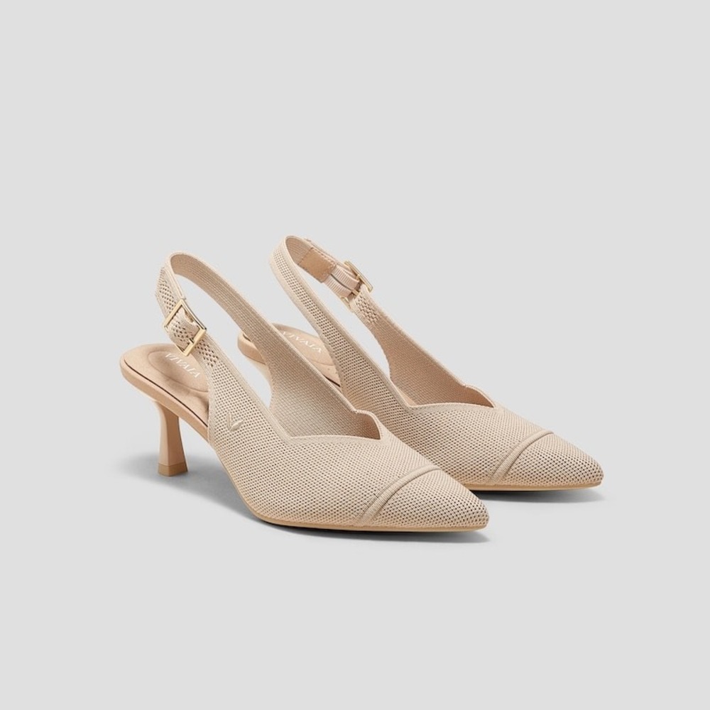 Vivaia Pointed Toe Slingback Kitten Heels Beige Knit Pumps Shoes US 7 EU 37.5